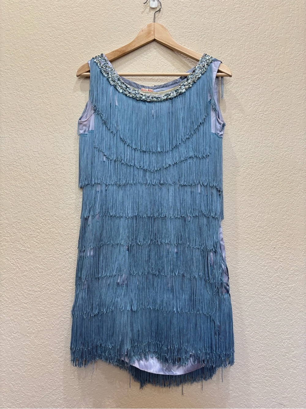 Vintage 60s Blue Tiered Fringe Flapper Gatsby Dress Sequined Cocktail Mini